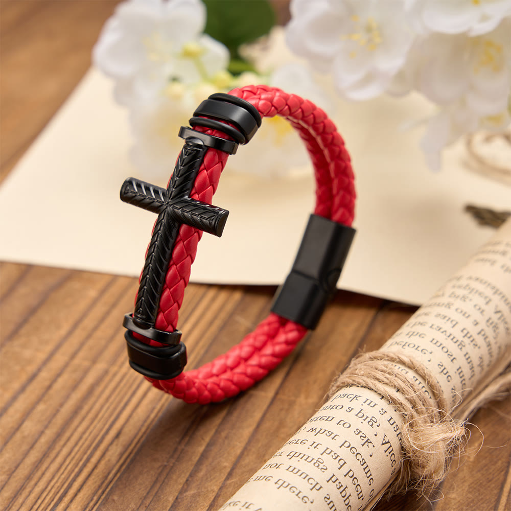 10-Color Braided Leather Cross Bracelet with Embossed Details: A Symbol of Rugged Faith