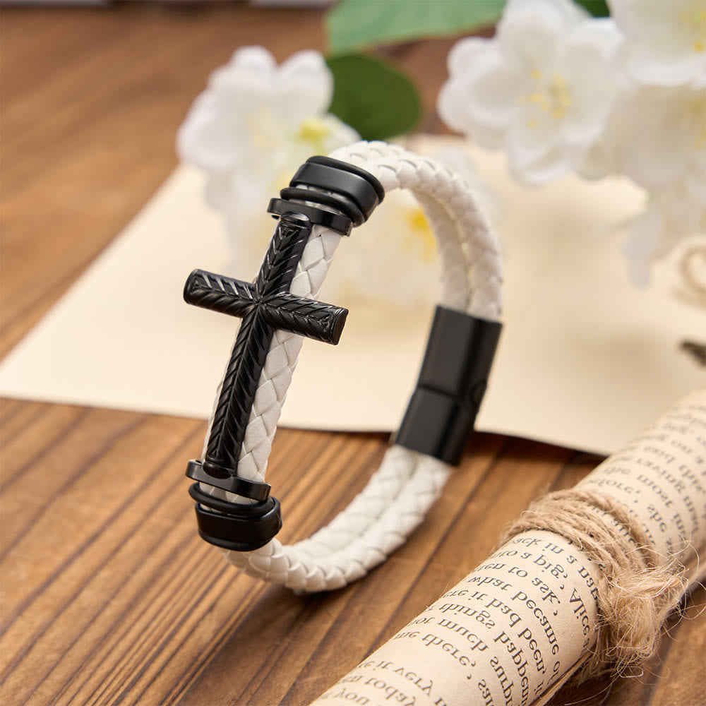 10-Color Braided Leather Cross Bracelet with Embossed Details: A Symbol of Rugged Faith