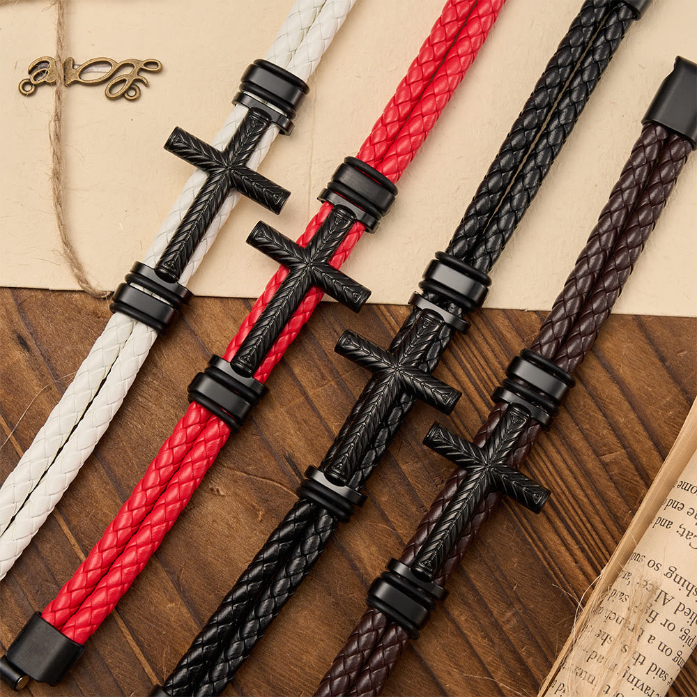 10-Color Braided Leather Cross Bracelet with Embossed Details: A Symbol of Rugged Faith