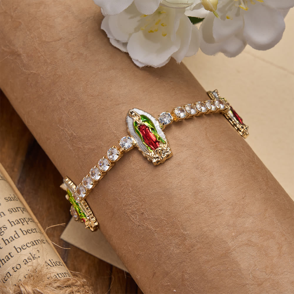 Sparkling Zircon Tennis Bracelet with St. Jude, St. Benedict, and Our Lady Motifs: A Reminder of Heavenly Grace
