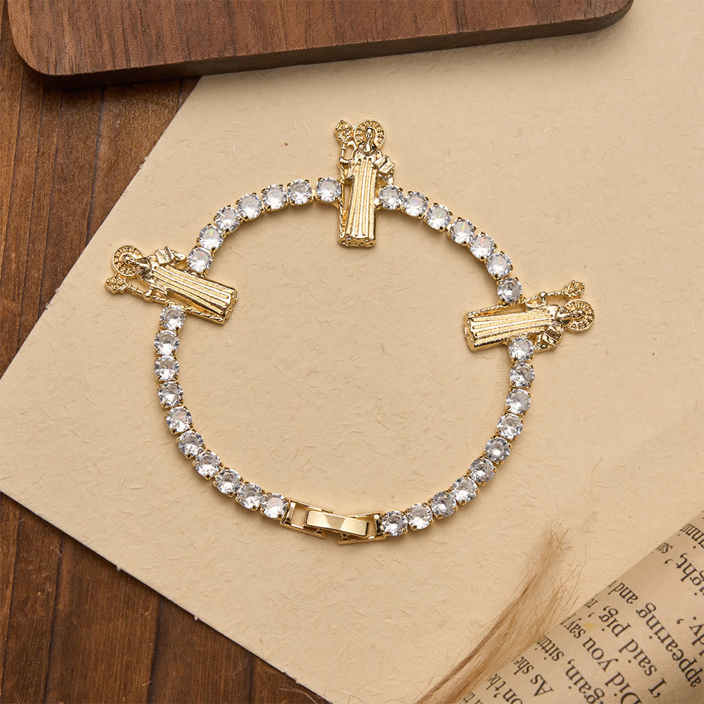 Sparkling Zircon Tennis Bracelet with St. Jude, St. Benedict, and Our Lady Motifs: A Reminder of Heavenly Grace