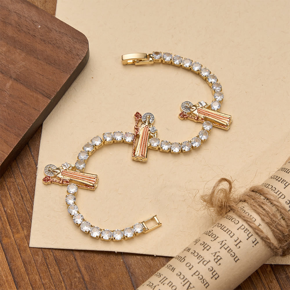 Sparkling Zircon Tennis Bracelet with St. Jude, St. Benedict, and Our Lady Motifs: A Reminder of Heavenly Grace