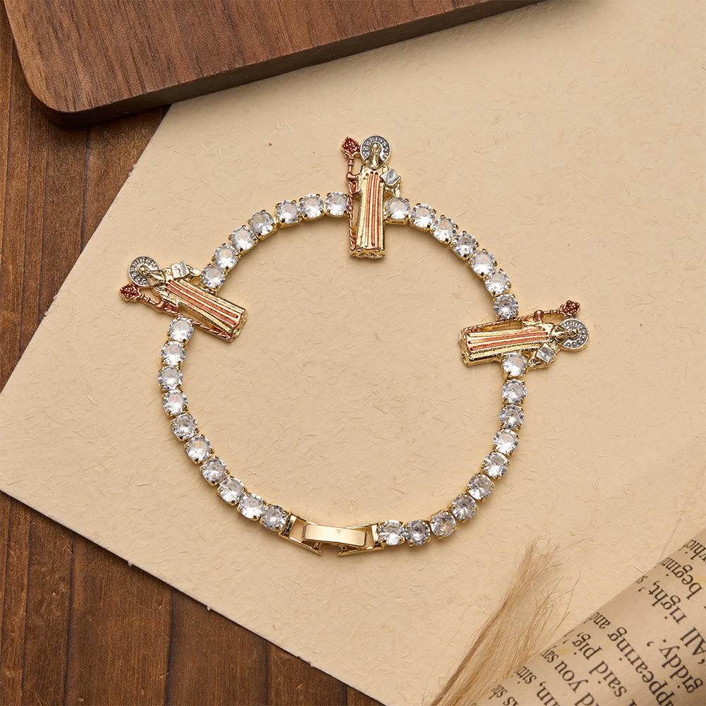 Sparkling Zircon Tennis Bracelet with St. Jude, St. Benedict, and Our Lady Motifs: A Reminder of Heavenly Grace