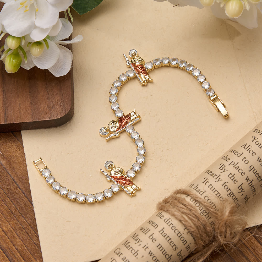 Sparkling Zircon Tennis Bracelet with St. Jude, St. Benedict, and Our Lady Motifs: A Reminder of Heavenly Grace
