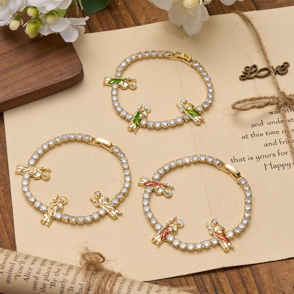 Sparkling Zircon Tennis Bracelet with St. Jude, St. Benedict, and Our Lady Motifs: A Reminder of Heavenly Grace