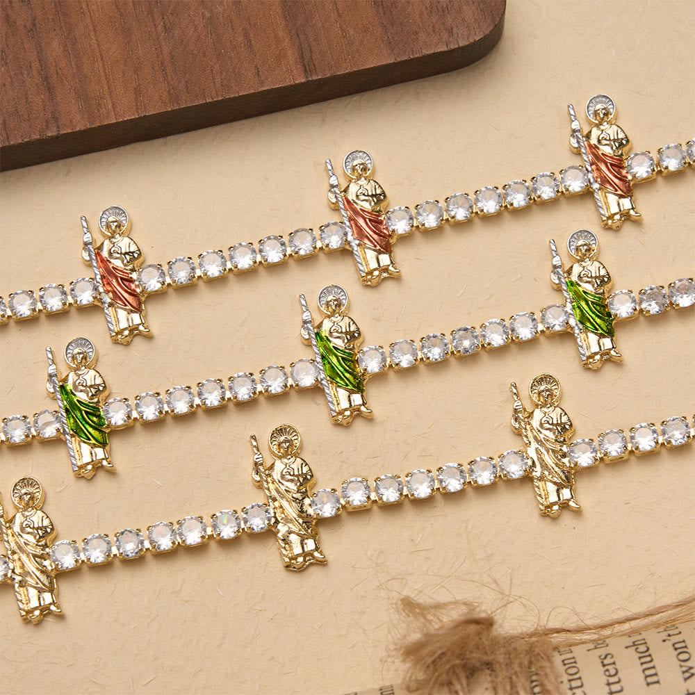 Sparkling Zircon Tennis Bracelet with St. Jude, St. Benedict, and Our Lady Motifs: A Reminder of Heavenly Grace