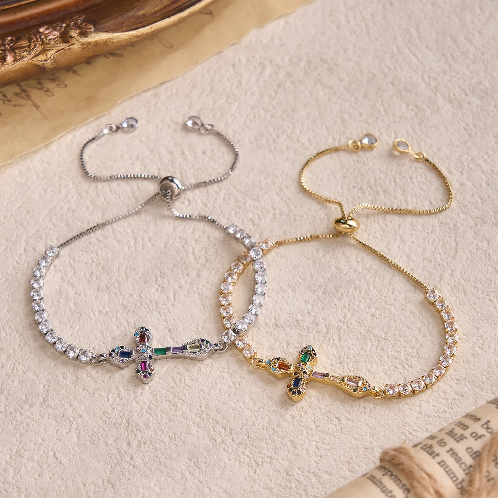 Adjustable Tennis Bracelet with Colorful Zircon Cross Charm: A Symbol of Vibrant Faith