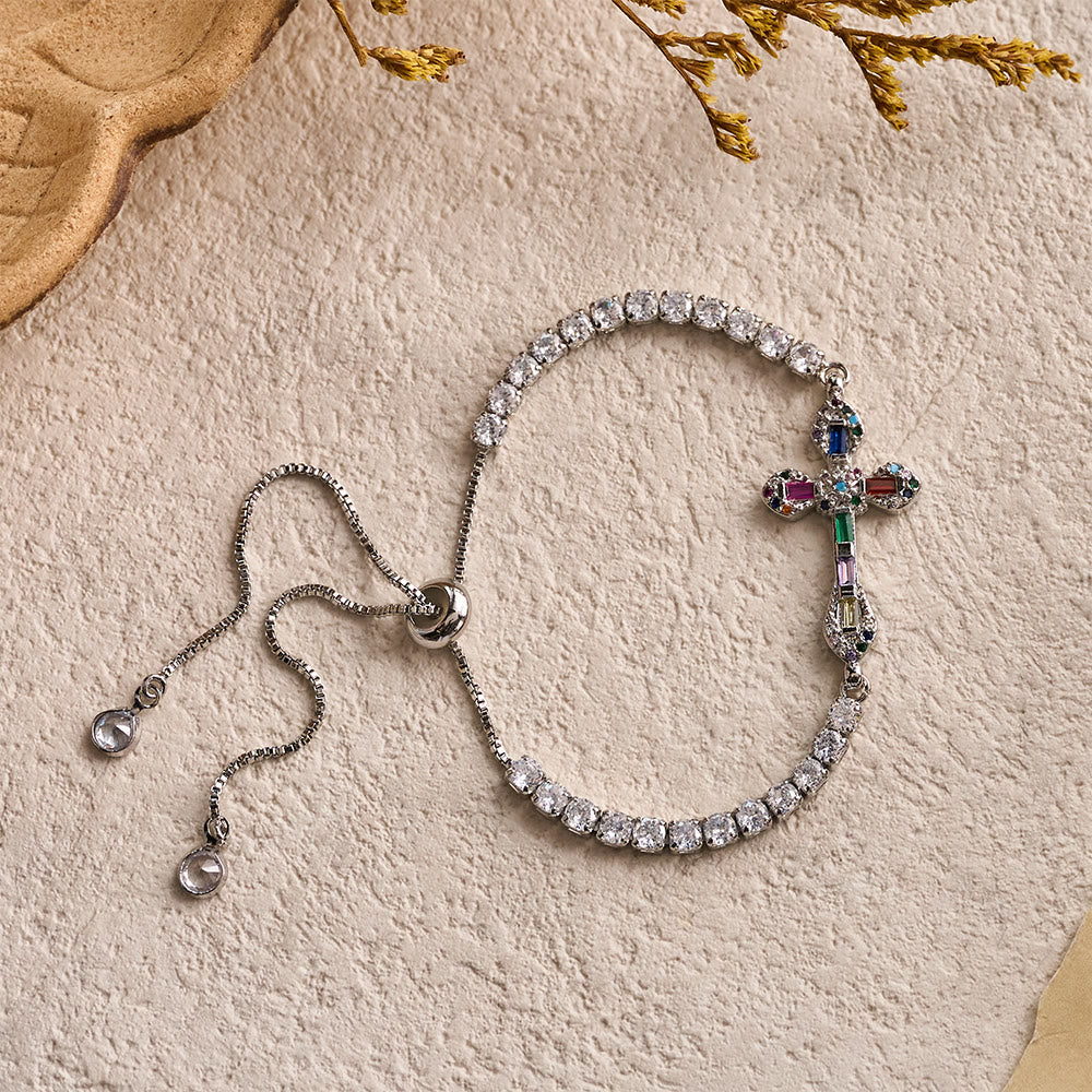 Adjustable Tennis Bracelet with Colorful Zircon Cross Charm: A Symbol of Vibrant Faith