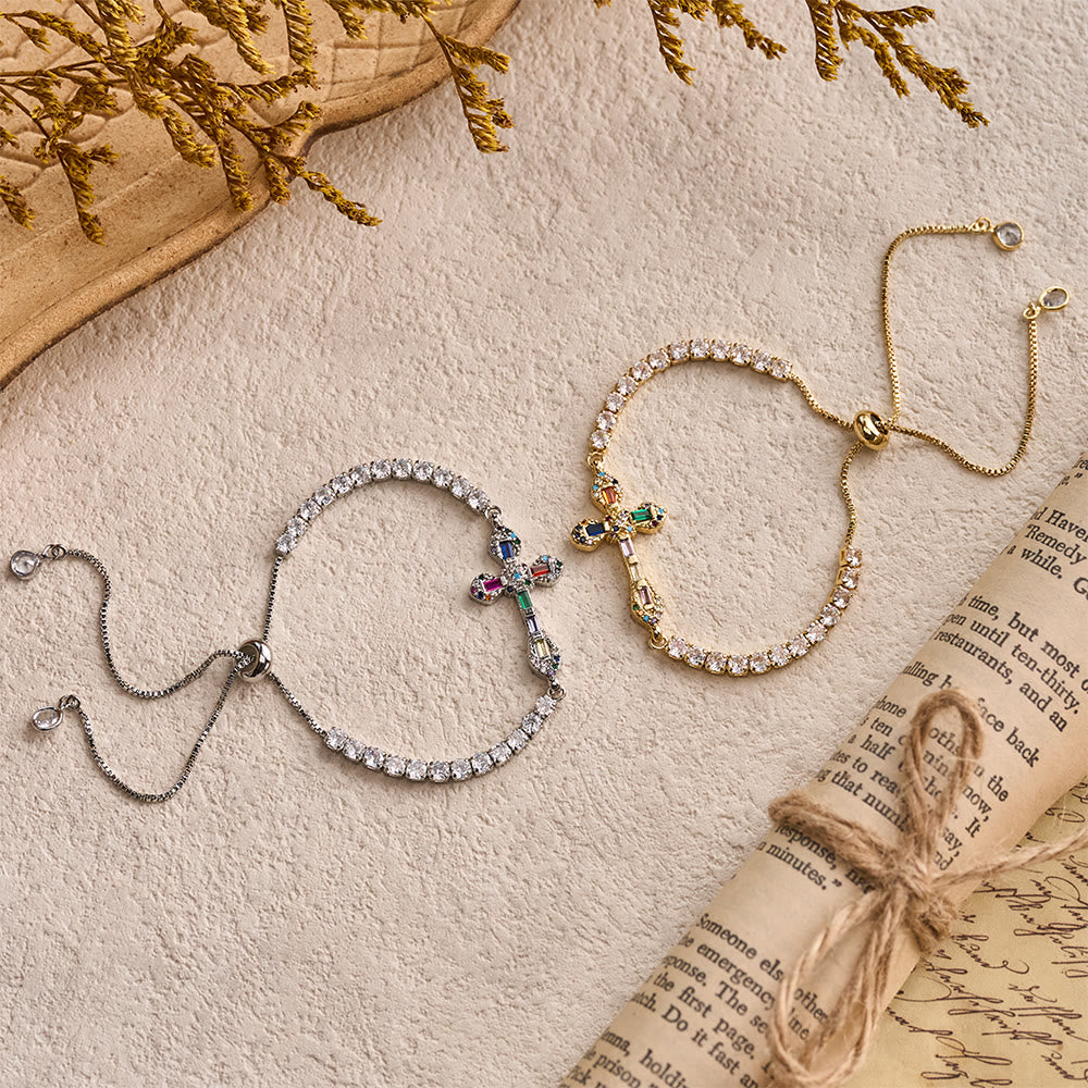 Adjustable Tennis Bracelet with Colorful Zircon Cross Charm: A Symbol of Vibrant Faith