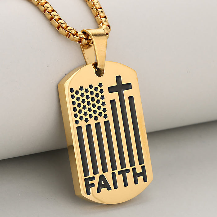 Patriotic Faith Cross Dog Tag Pendant with Box Chain: A Reminder of Divine and National Grace