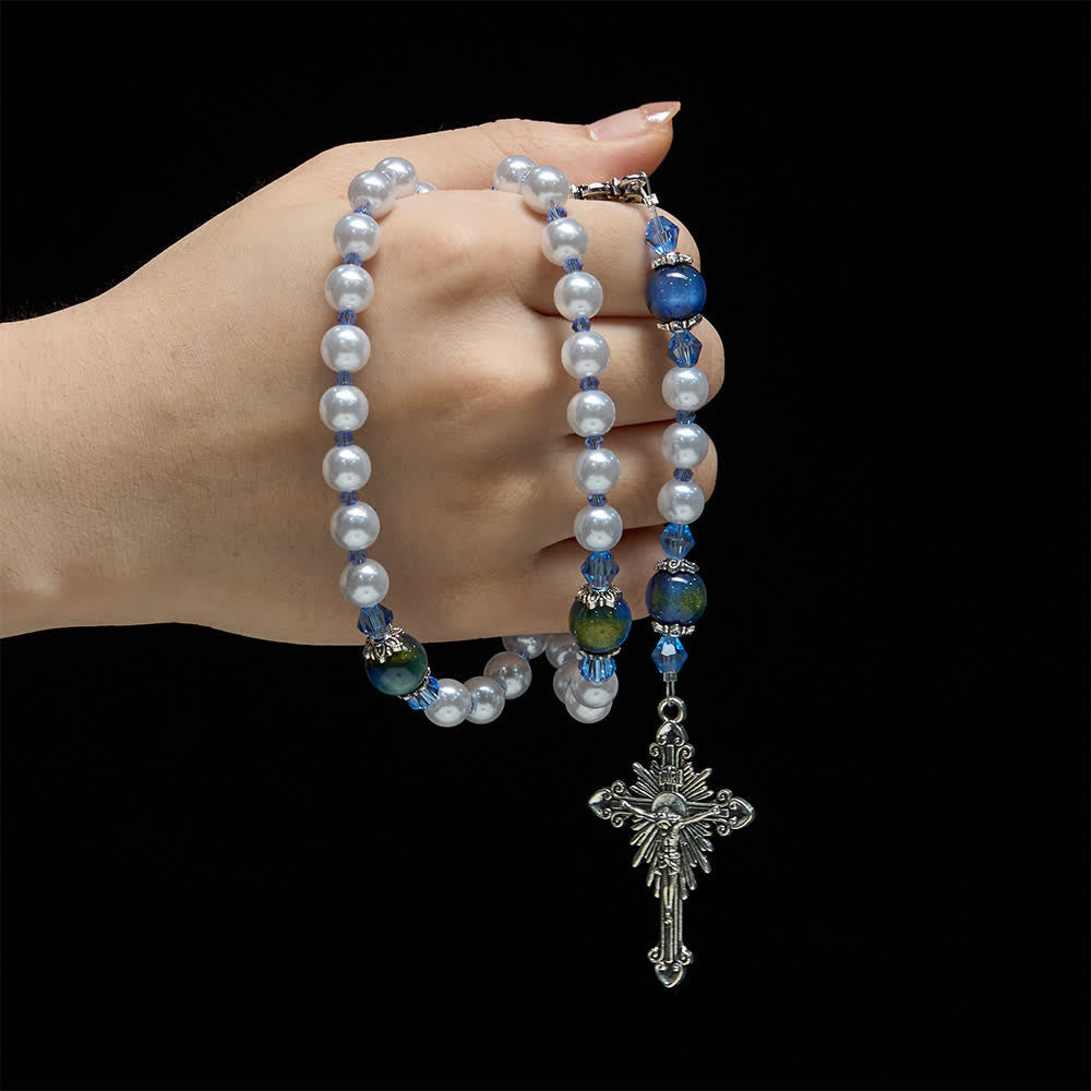 Blue-Green Gradient and White Beads Rosary with Our Lady