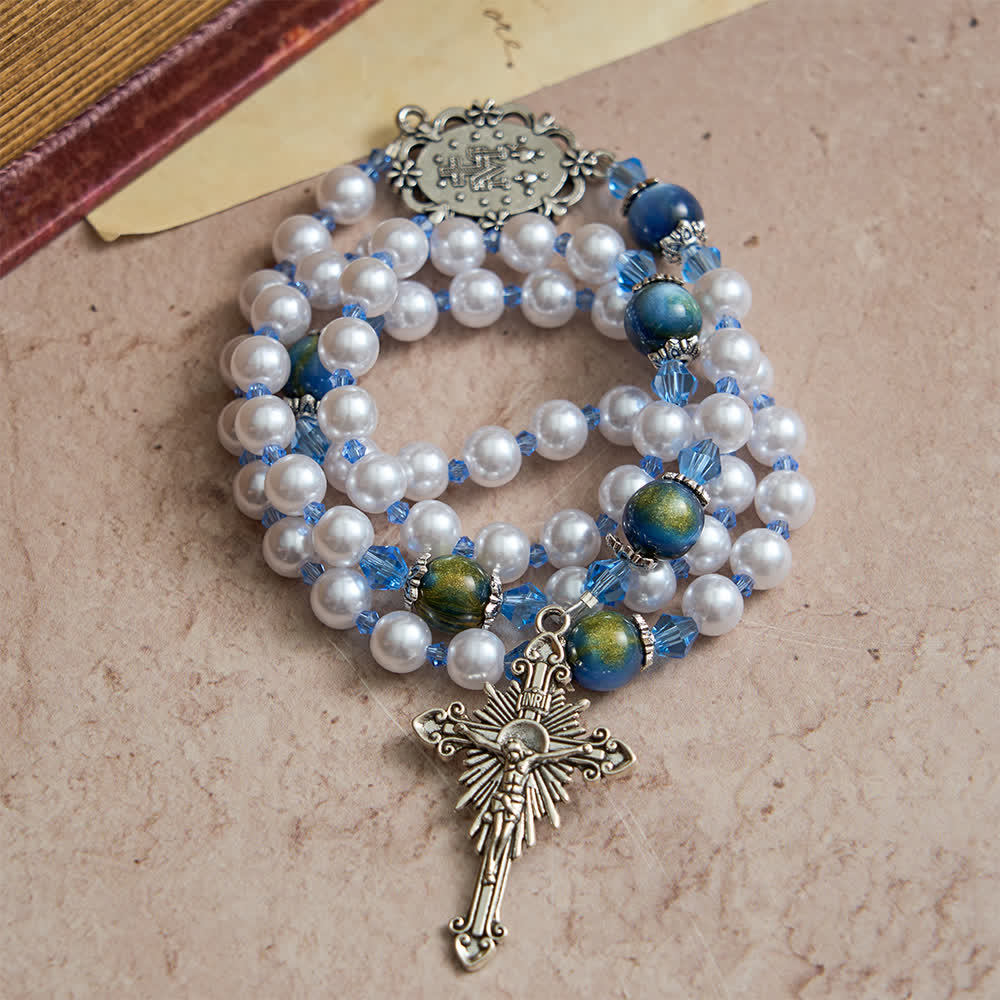 Blue-Green Gradient and White Beads Rosary with Our Lady
