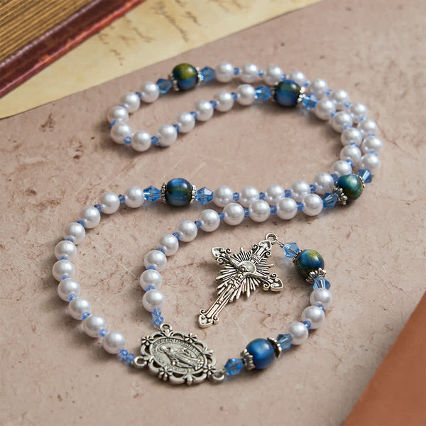 Blue-Green Gradient and White Beads Rosary with Our Lady