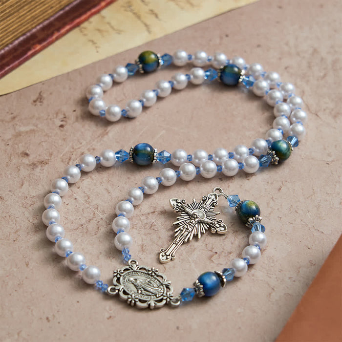 Blue-Green Gradient and White Beads Rosary with Our Lady