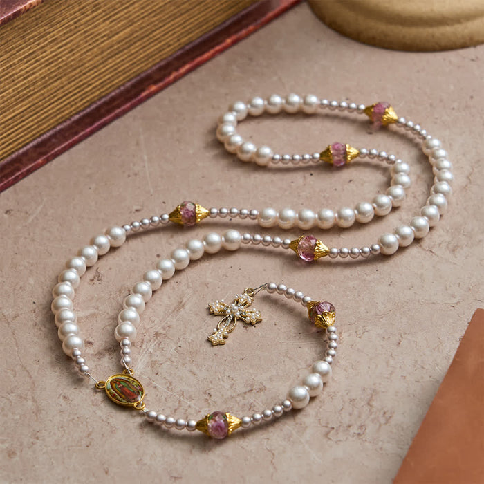 Ivory & Pink Rose Beads Guadalupe Rosary: Sacred Vintage Elegance