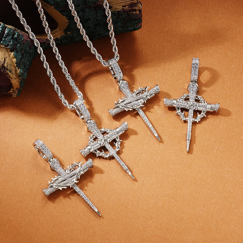 Pave Zircon Nail Cross Necklace with Crown of Thorns: A Reminder of Divine Love