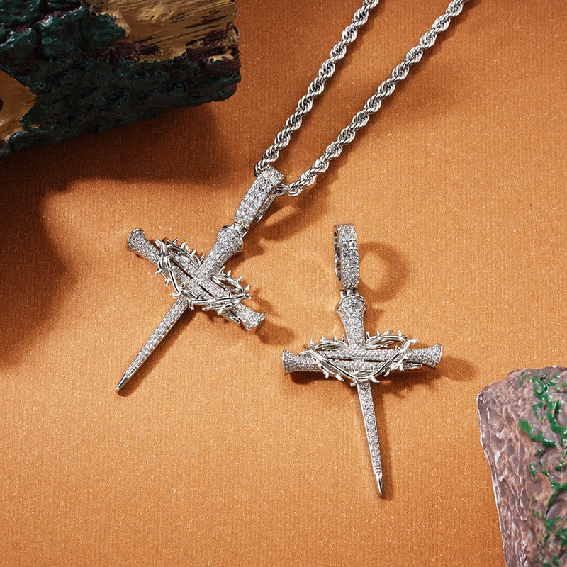 Pave Zircon Nail Cross Necklace with Crown of Thorns: A Reminder of Divine Love