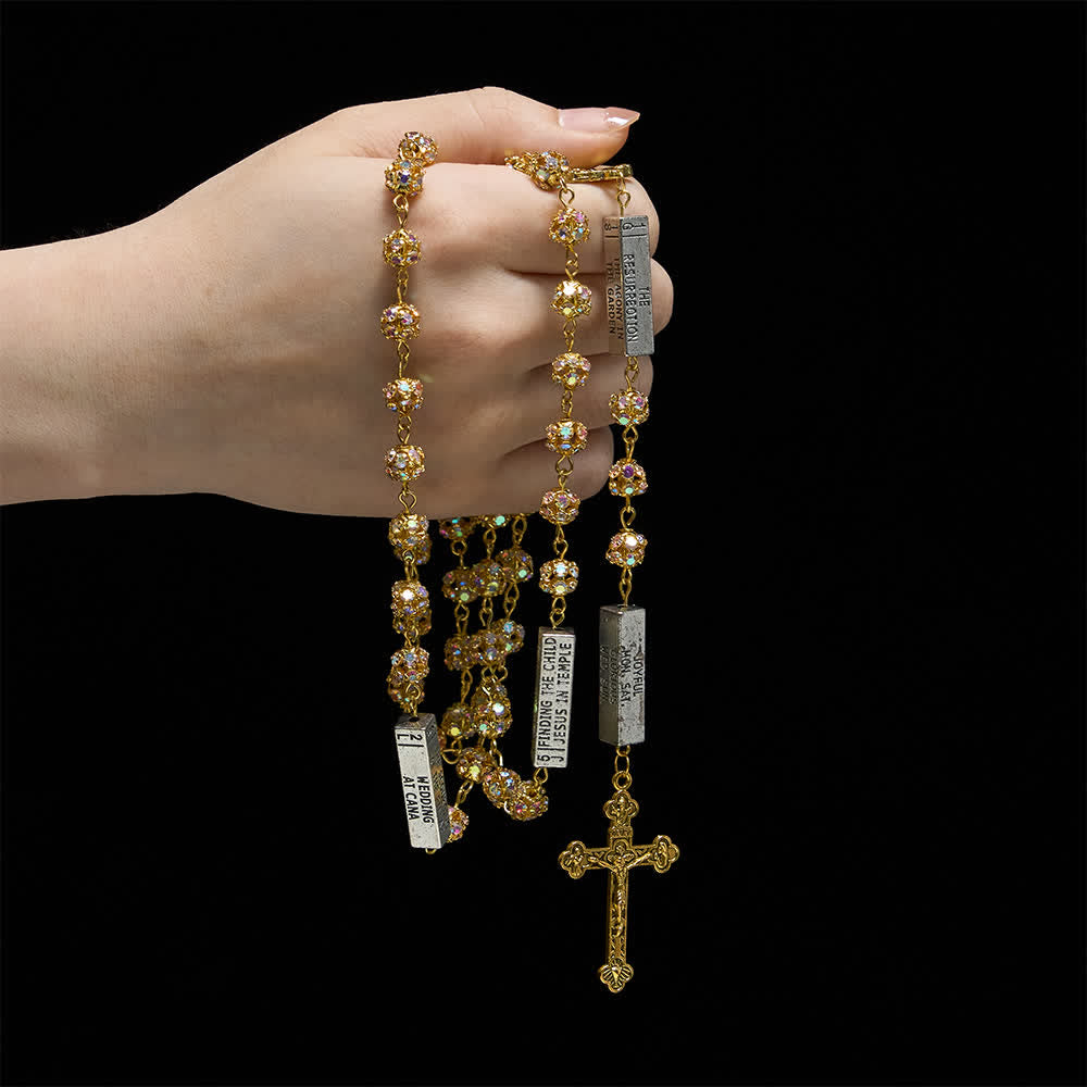 Golden Rhinestone Six Tablets Rosary with Our Lady of Fatima