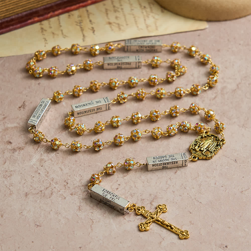 Golden Rhinestone Six Tablets Rosary with Our Lady of Fatima