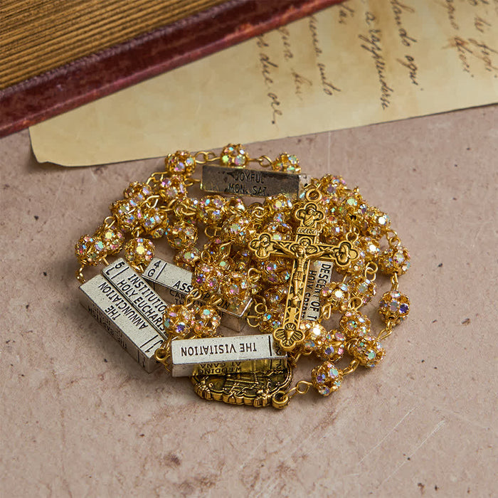 Golden Rhinestone Six Tablets Rosary with Our Lady of Fatima