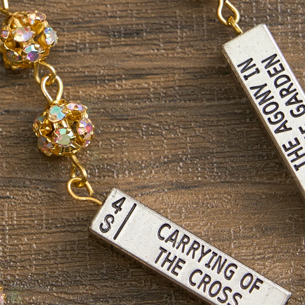 Golden Rhinestone Six Tablets Rosary with Our Lady of Fatima