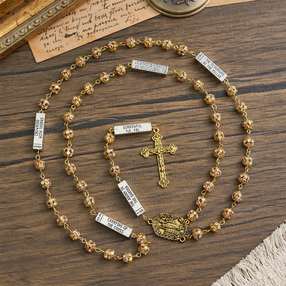 Golden Rhinestone Six Tablets Rosary with Our Lady of Fatima