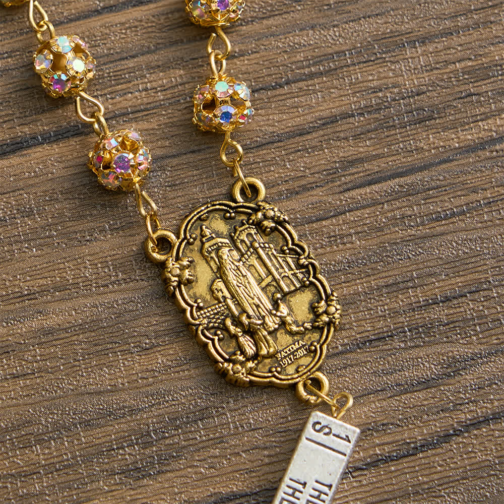 Golden Rhinestone Six Tablets Rosary with Our Lady of Fatima