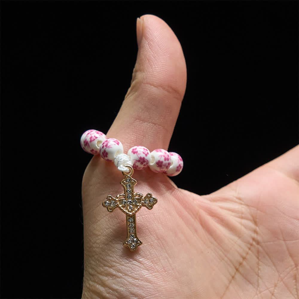 Pink Floral Ceramic Finger Rosary with Crystal Cross