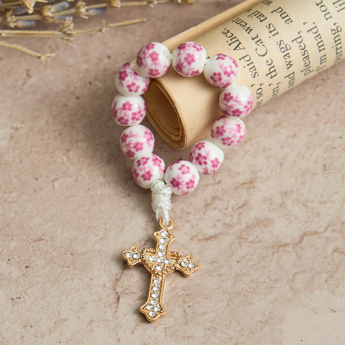 Pink Floral Ceramic Finger Rosary with Crystal Cross