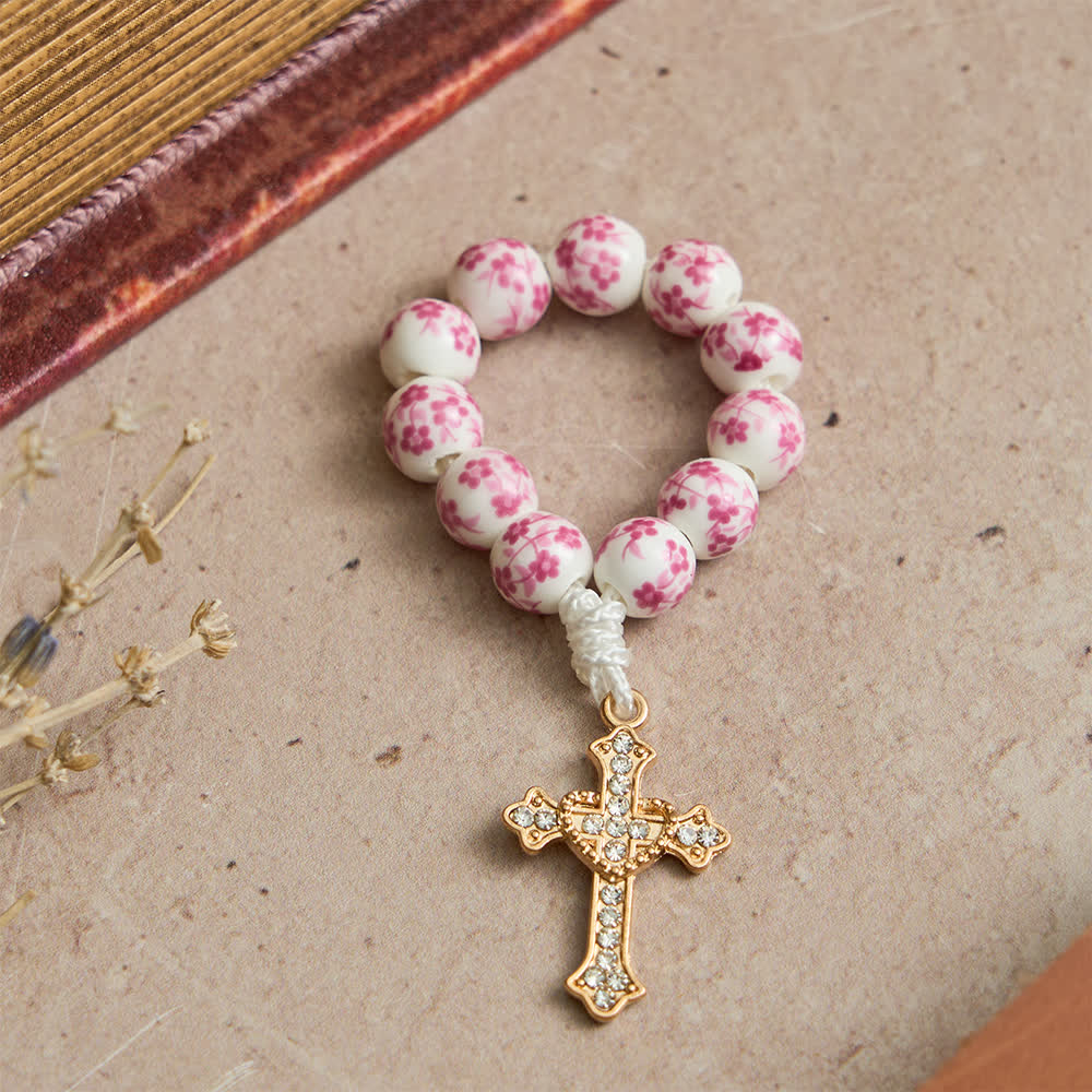 Pink Floral Ceramic Finger Rosary with Crystal Cross