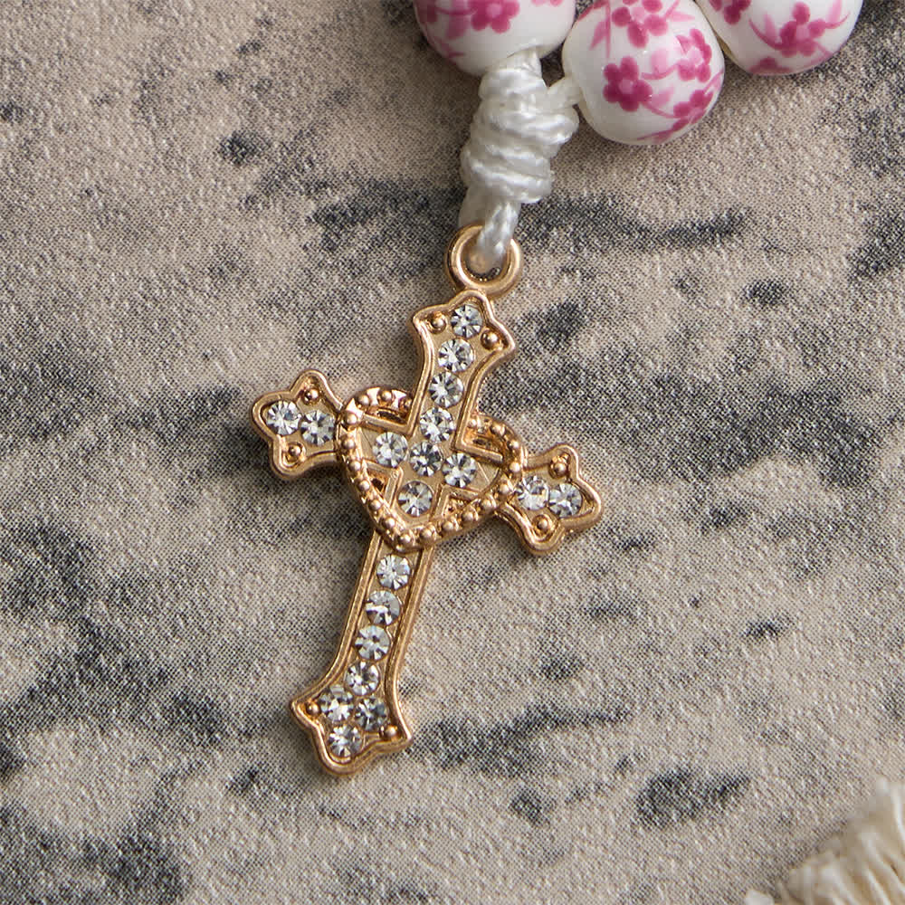 Pink Floral Ceramic Finger Rosary with Crystal Cross