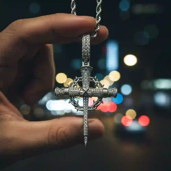 Pave Zircon Nail Cross Necklace with Crown of Thorns: A Reminder of Divine Love