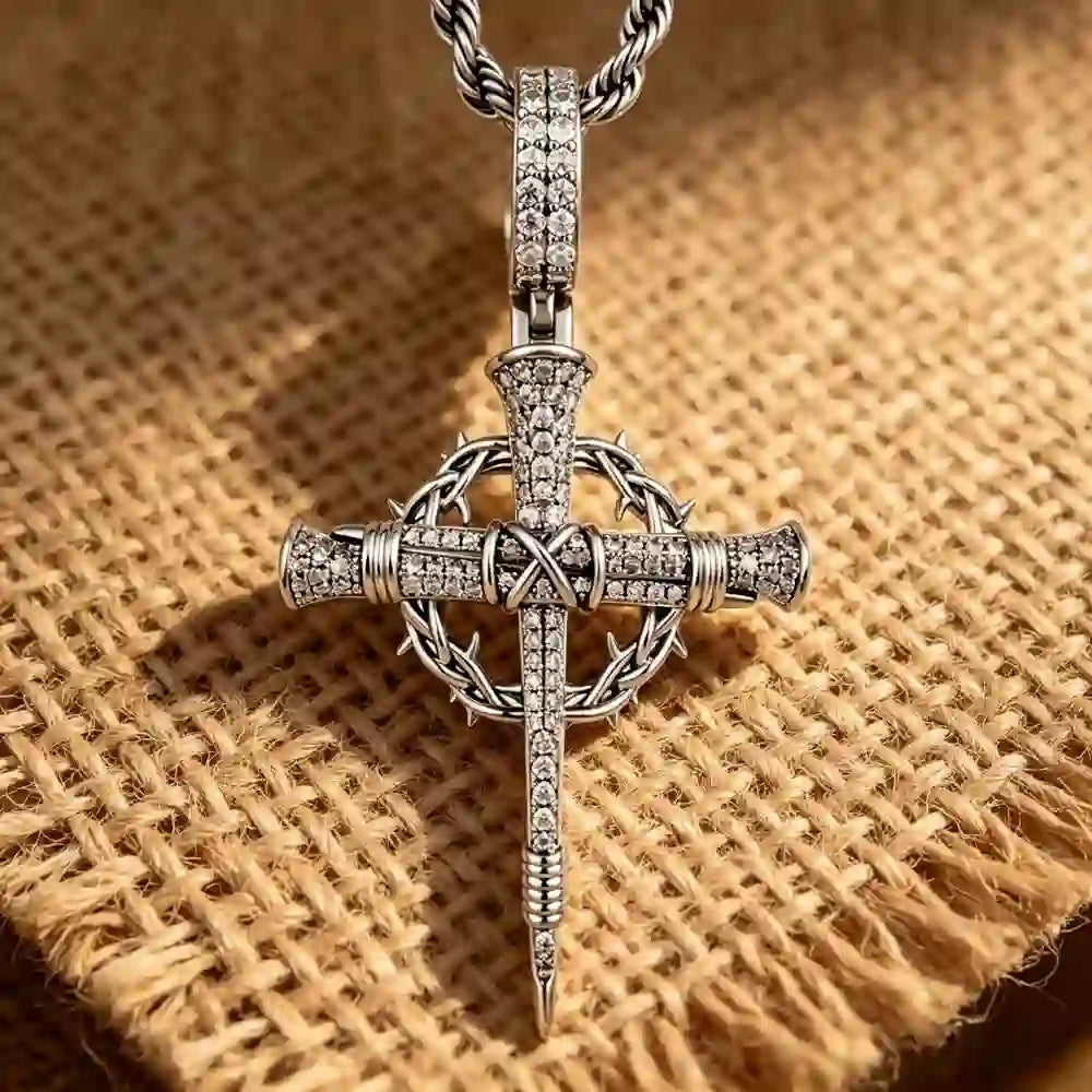 Pave Zircon Nail Cross Necklace with Crown of Thorns: A Reminder of Divine Love
