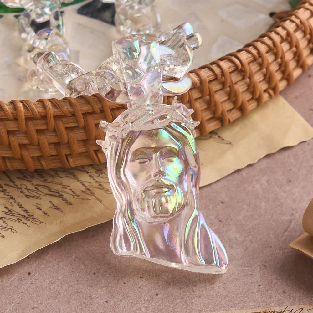 Bold Iridescent Acrylic Jesus Necklace with Chunky Spiked Chain: A Daily Symbol of Strength and Hope