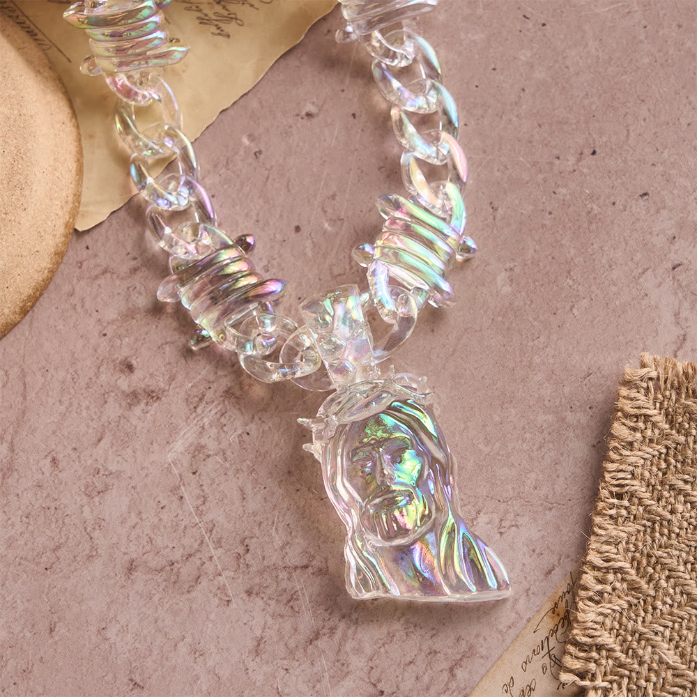 Bold Iridescent Acrylic Jesus Necklace with Chunky Spiked Chain: A Daily Symbol of Strength and Hope