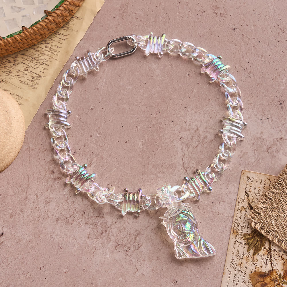 Bold Iridescent Acrylic Jesus Necklace with Chunky Spiked Chain: A Daily Symbol of Strength and Hope