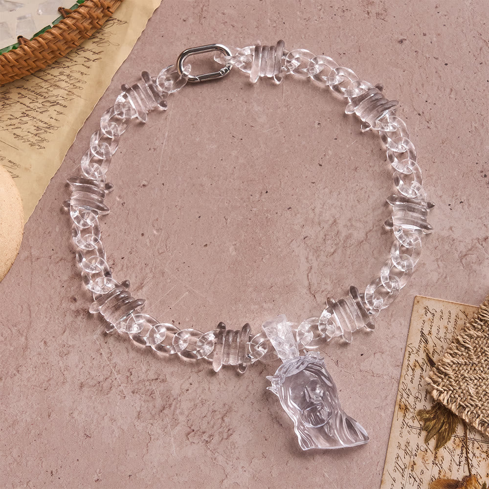 Bold Iridescent Acrylic Jesus Necklace with Chunky Spiked Chain: A Daily Symbol of Strength and Hope