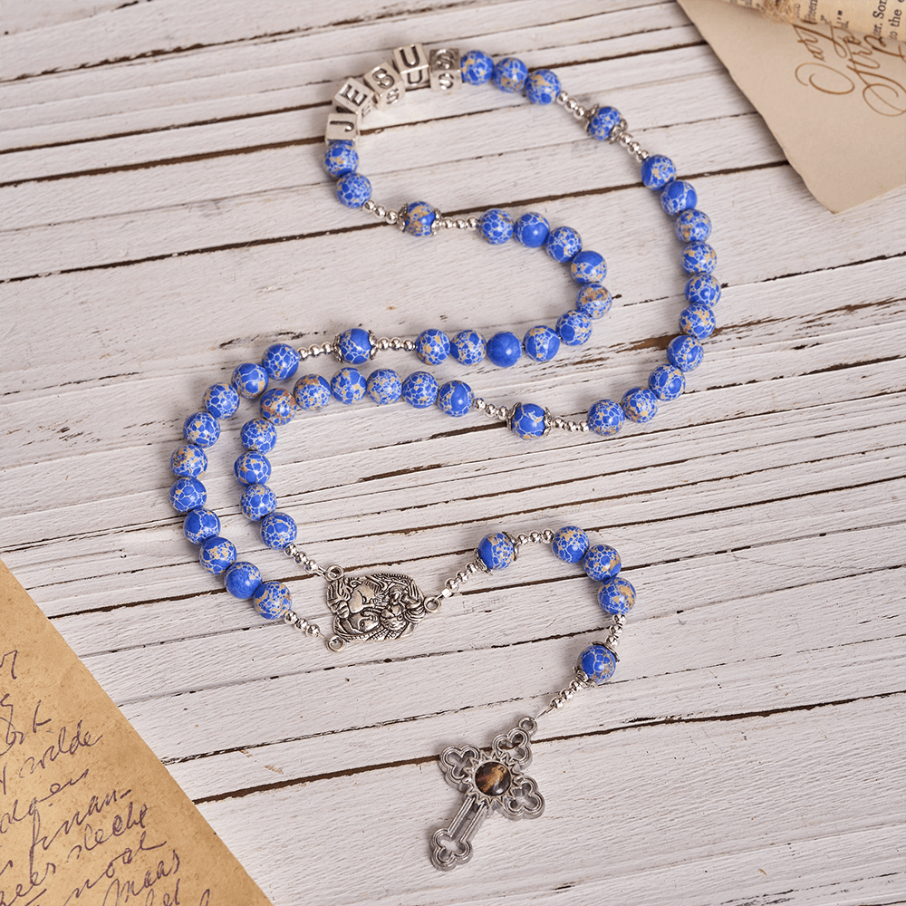 Regal Blue Emperor Stone Rosary with Holy Family & Divine Mercy Cross