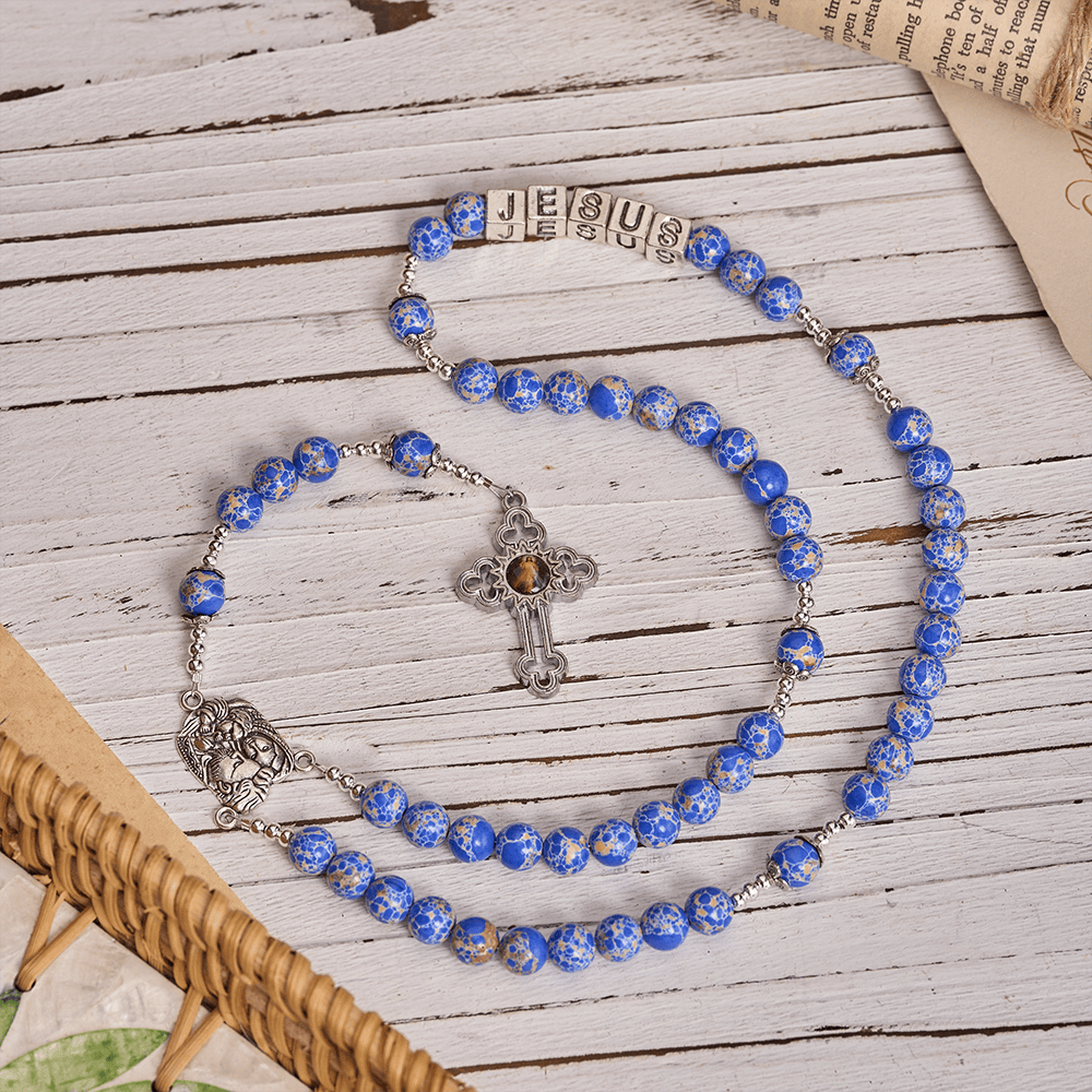 Regal Blue Emperor Stone Rosary with Holy Family & Divine Mercy Cross