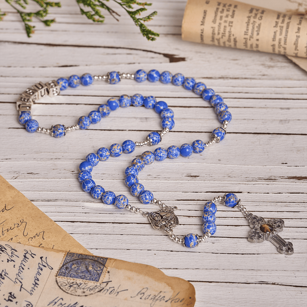 Regal Blue Emperor Stone Rosary with Holy Family & Divine Mercy Cross