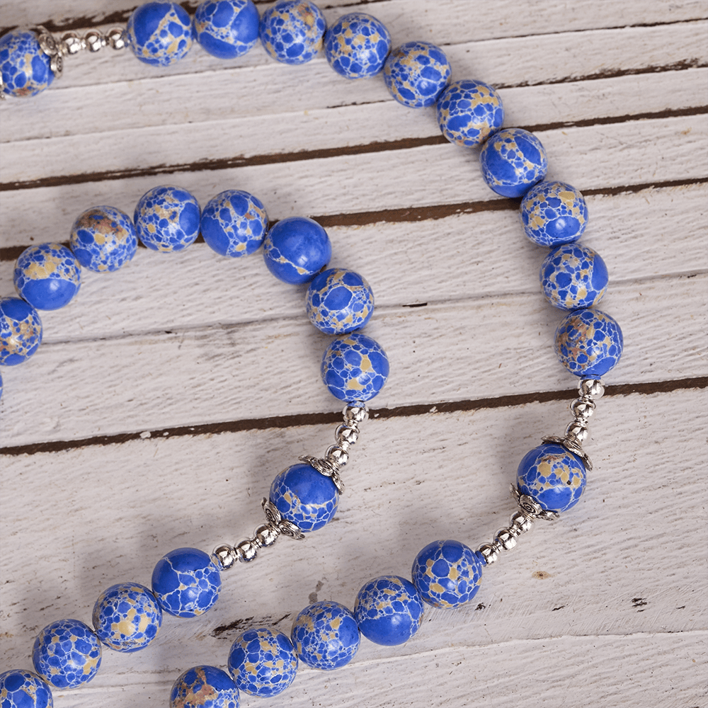 Regal Blue Emperor Stone Rosary with Holy Family & Divine Mercy Cross