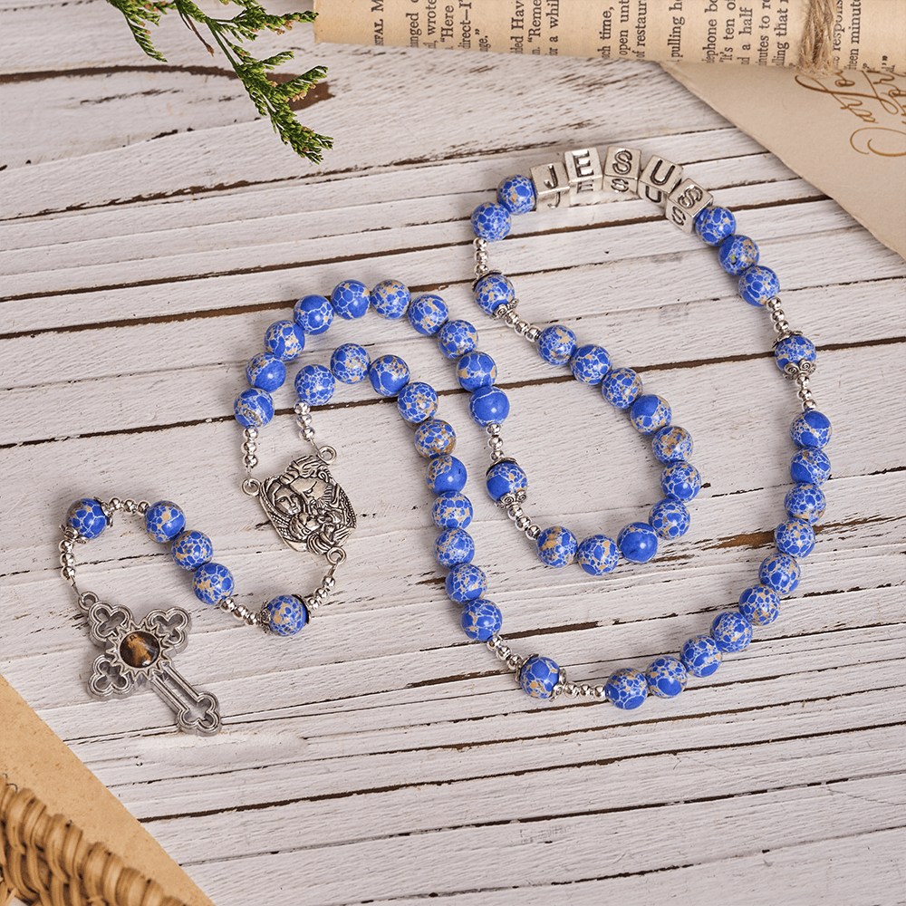 Regal Blue Emperor Stone Rosary with Holy Family & Divine Mercy Cross