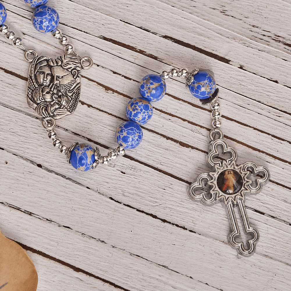 Regal Blue Emperor Stone Rosary with Holy Family & Divine Mercy Cross