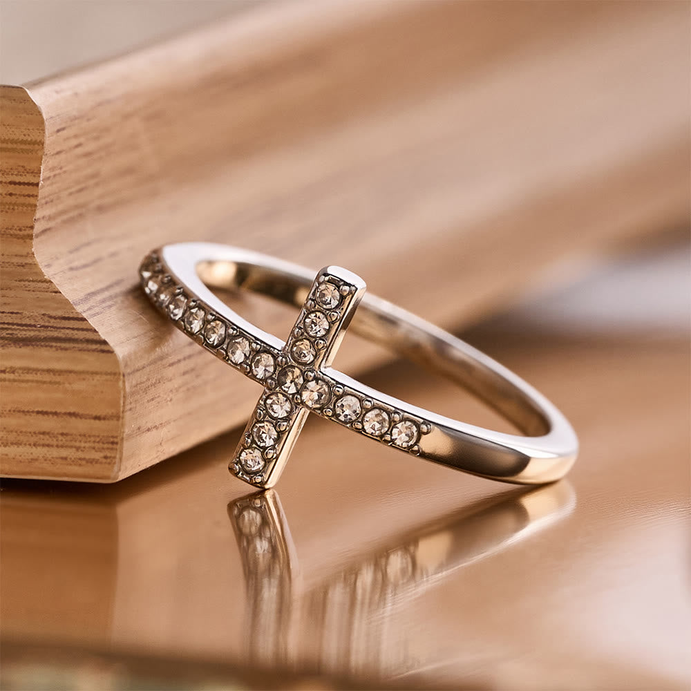 Delicate Sideways Cross Zircon Ring with All-Over Stone Setting: A Reminder of Understated Divine Grace