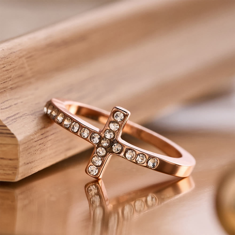Delicate Sideways Cross Zircon Ring with All-Over Stone Setting: A Reminder of Understated Divine Grace