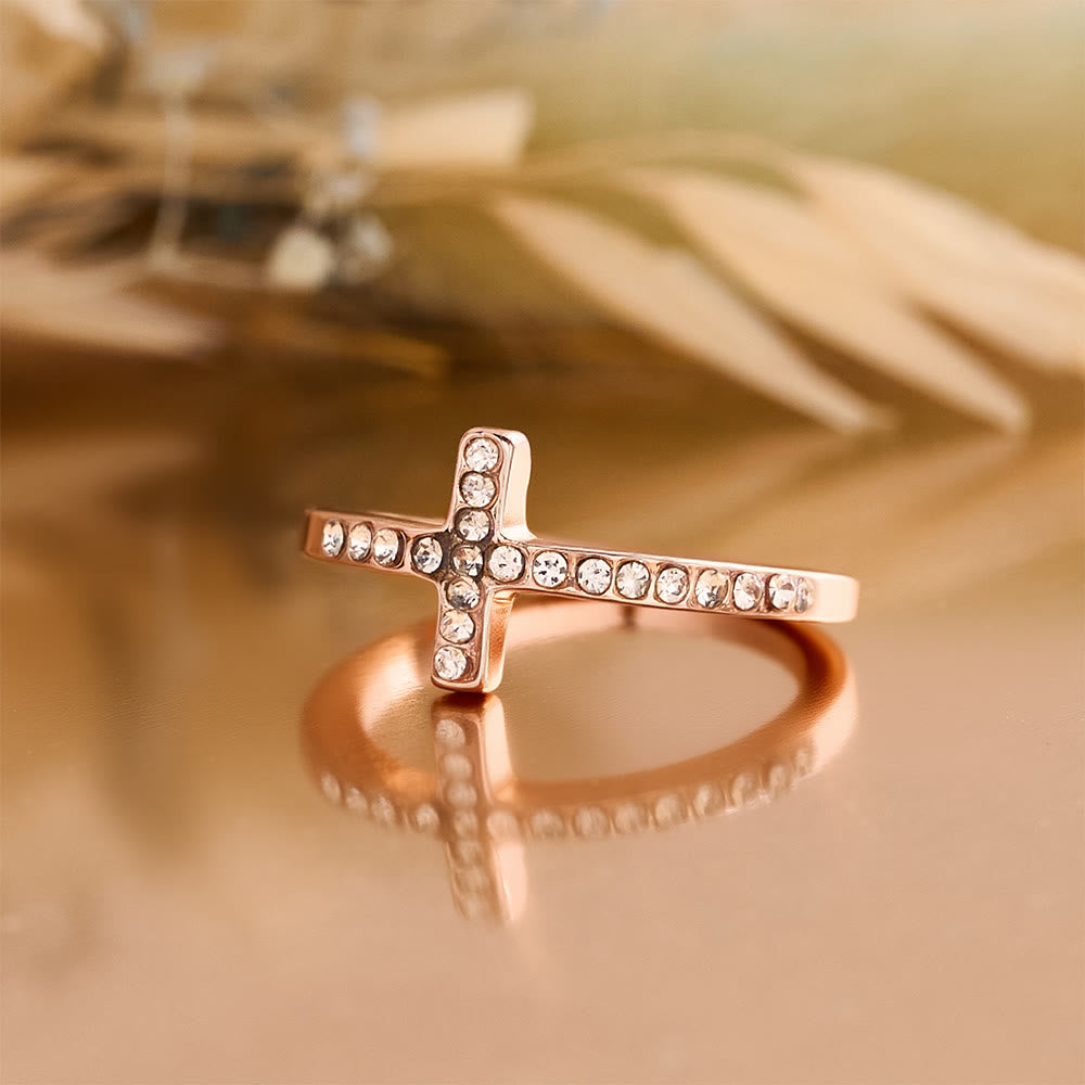 Delicate Sideways Cross Zircon Ring with All-Over Stone Setting: A Reminder of Understated Divine Grace