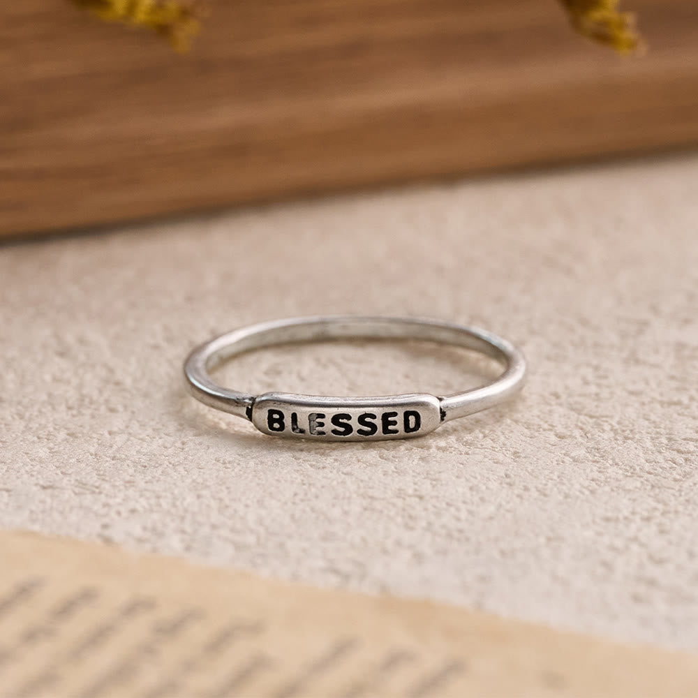Refined Stackable Ring Set with Engraved BLESSED/FAITH/HOPE Text: An Emblem of Quiet Devotion