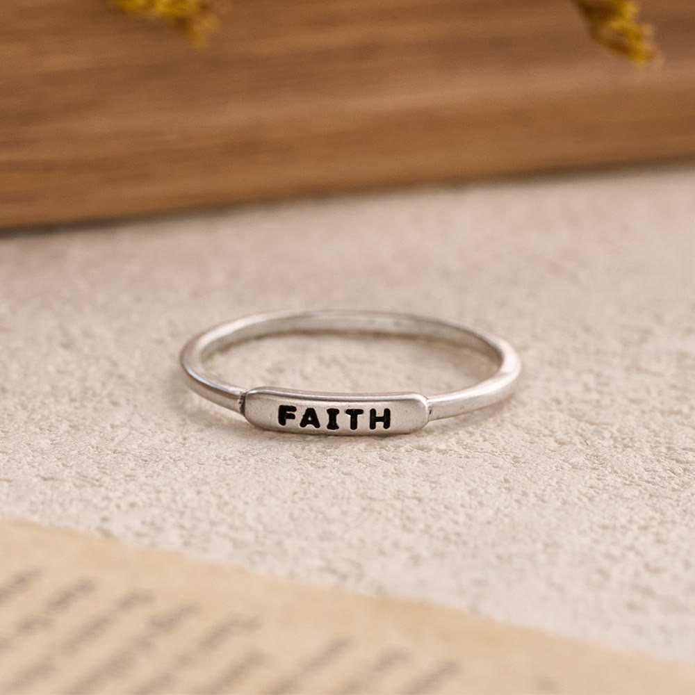 Refined Stackable Ring Set with Engraved BLESSED/FAITH/HOPE Text: An Emblem of Quiet Devotion