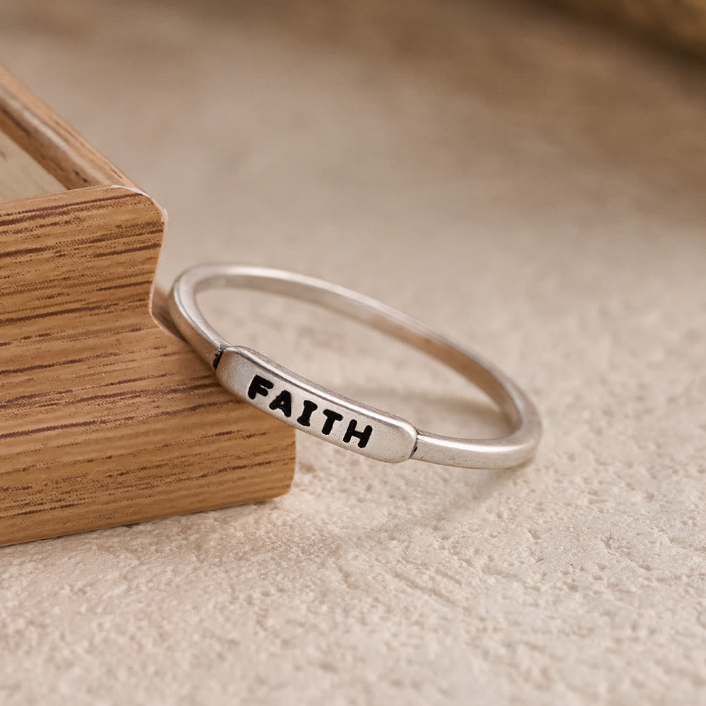 Refined Stackable Ring Set with Engraved BLESSED/FAITH/HOPE Text: An Emblem of Quiet Devotion