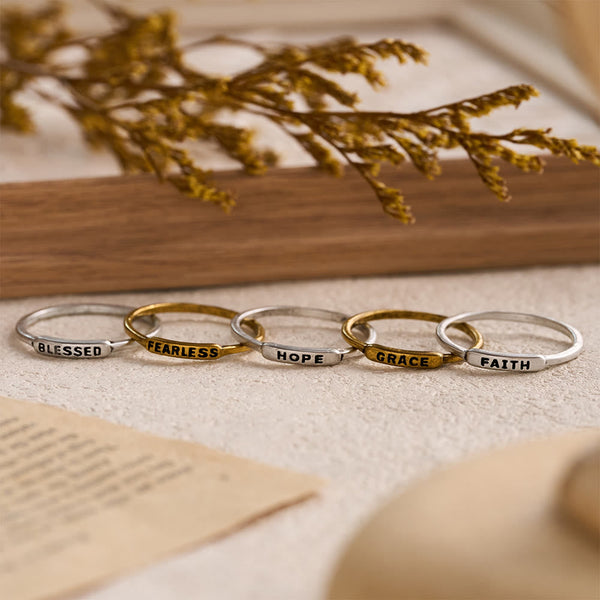 Refined Stackable Ring Set with Engraved BLESSED/FAITH/HOPE Text: An Emblem of Quiet Devotion